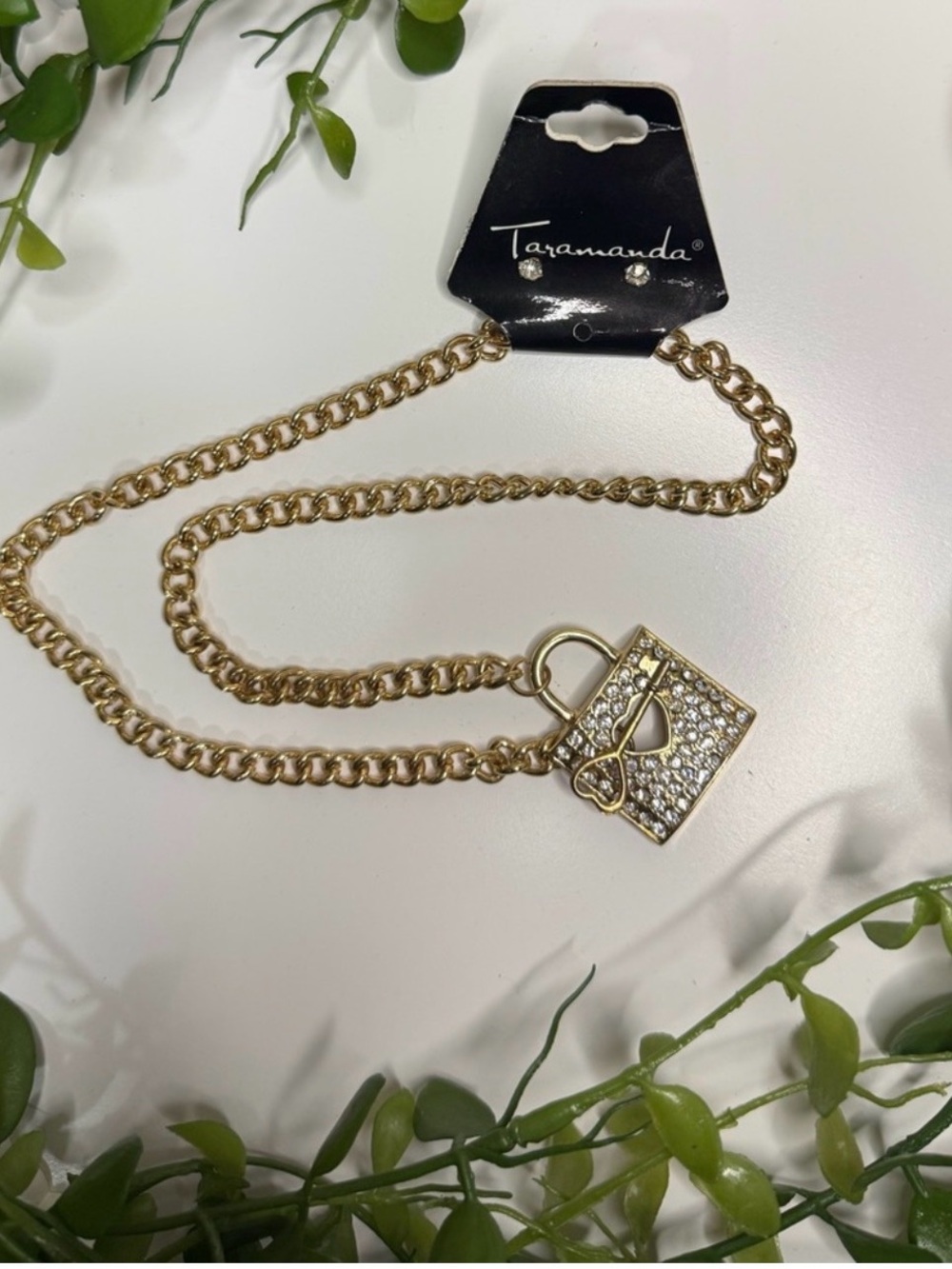 Taramanda Gold Pavé Padlock Necklace & earring set